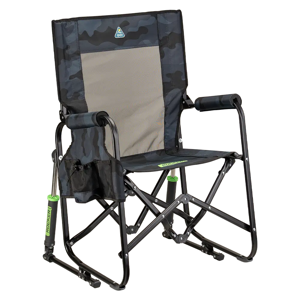 Luxury Camp Stowaway Rocker - Choice 794 - Patented Spring-Action Rocking Chair for Camping - Stealth Camo
