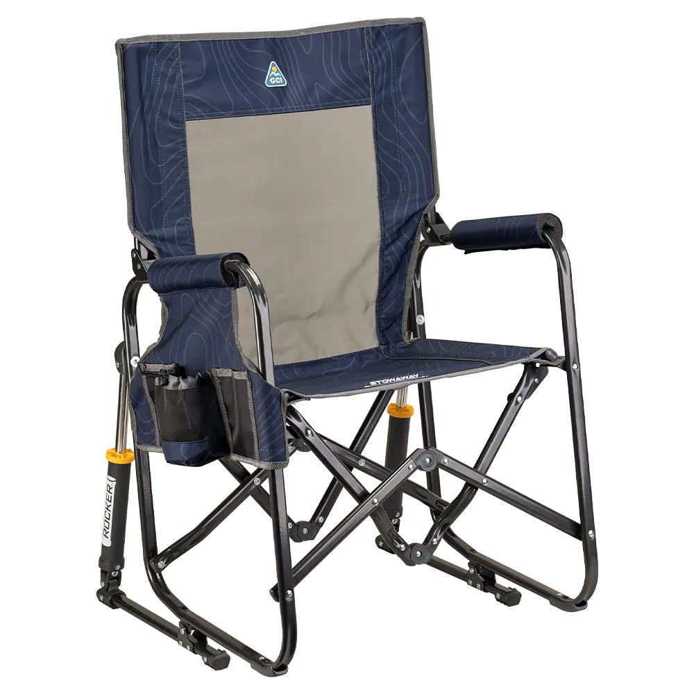 Luxury Camp Stowaway Rocker - Choice 794 - Patented Spring-Action Rocking Chair for Camping - Navy Topo