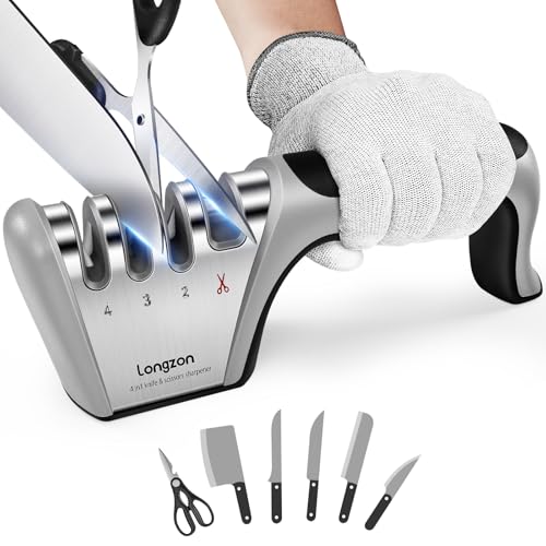 Eco-Friendly Longzon 5-in-1 Knife Sharpener 4 Stage with Cut-Resistant Kit