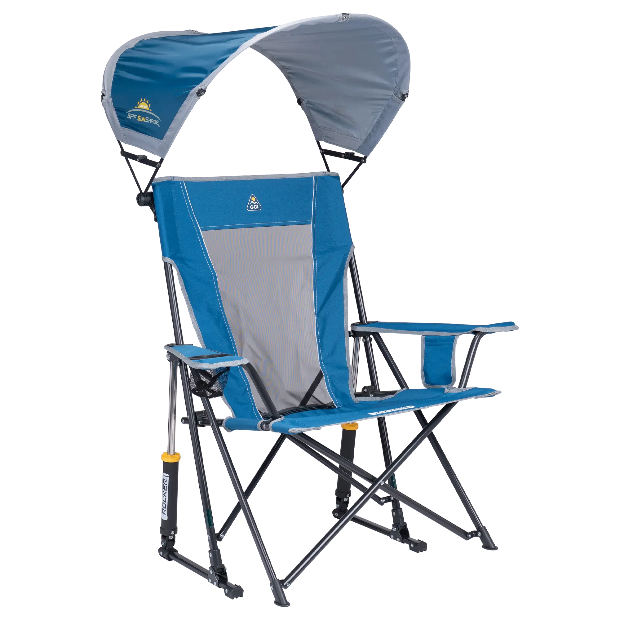 Luxury Camp SunShade Rocker - Choice 550 - Heavy-Duty Kickback Rocker with Beverage Holder - Neptune Blue