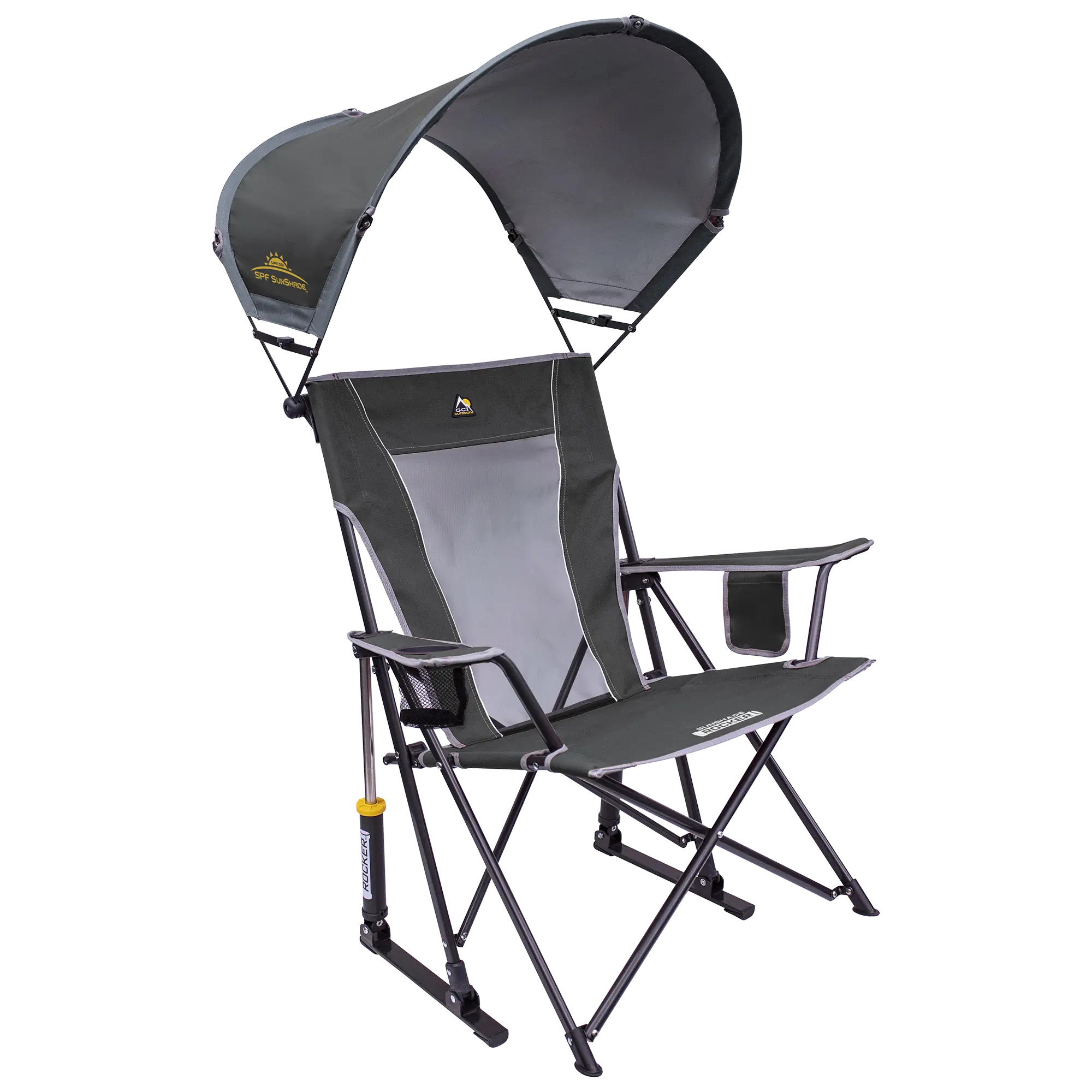 Luxury Camp SunShade Rocker - Choice 550 - Heavy-Duty Kickback Rocker with Beverage Holder - Pewter