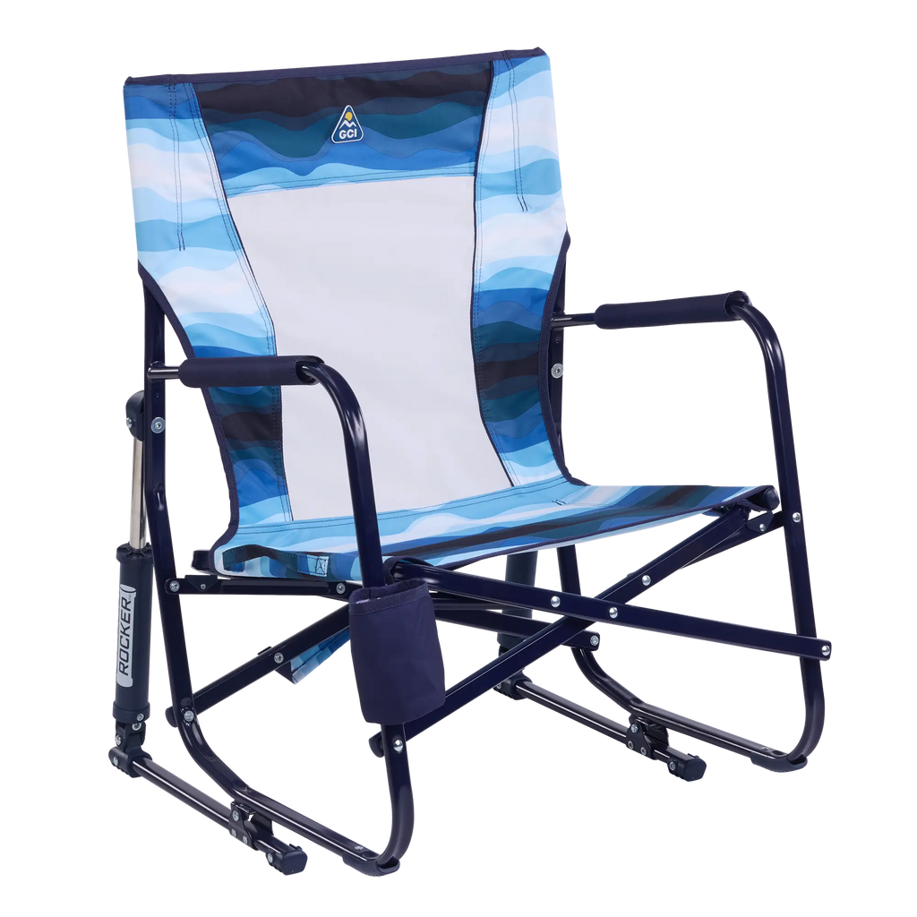 Smooth Motion Beach Rocker - Choice 712 - Heavy-Duty Kickback Rocker with Beverage Holder - Blue Beach Wave