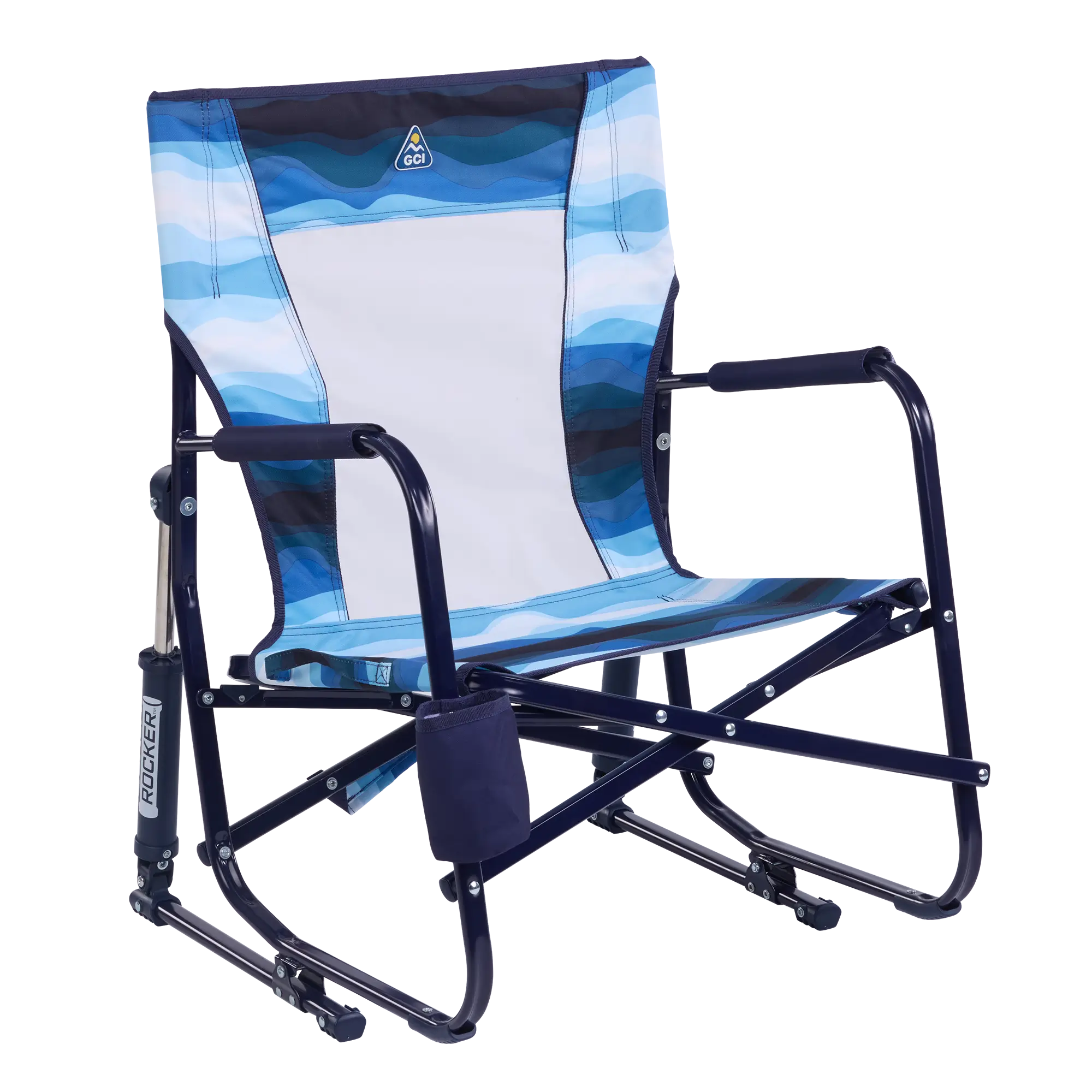 Smooth Motion Beach Rocker - Choice 712 - Heavy-Duty Kickback Rocker with Beverage Holder - Blue Beach Wave