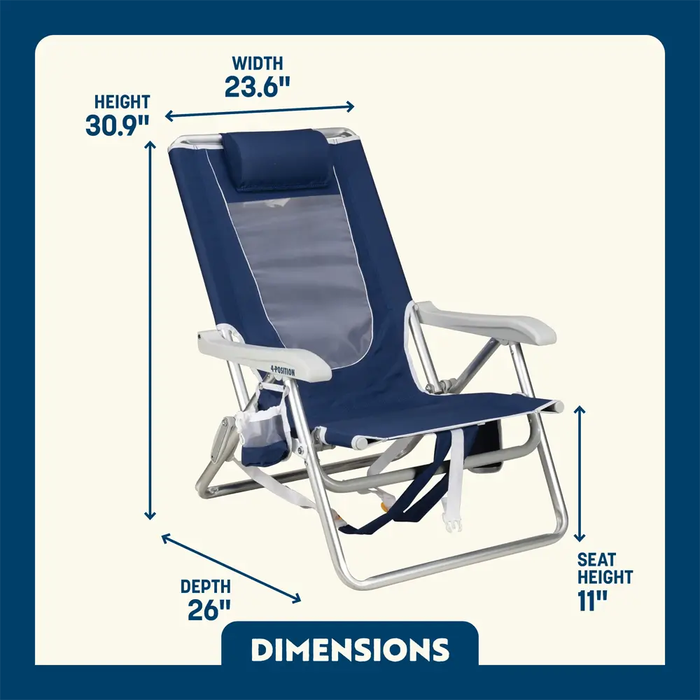 Rust-Resistant Aluminum Backpack Beach Chair - Choice 709 - Low-Profile Reclining Beach Chair with Backpack Straps Detail