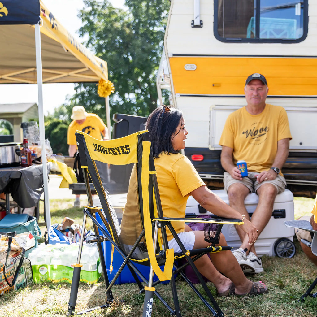 Premium All-Weather College Comfort Pro Rocker - Iowa Hawkeyes - Choice 249 - Heavy-Duty Kickback Rocker with Beverage Holder Detail