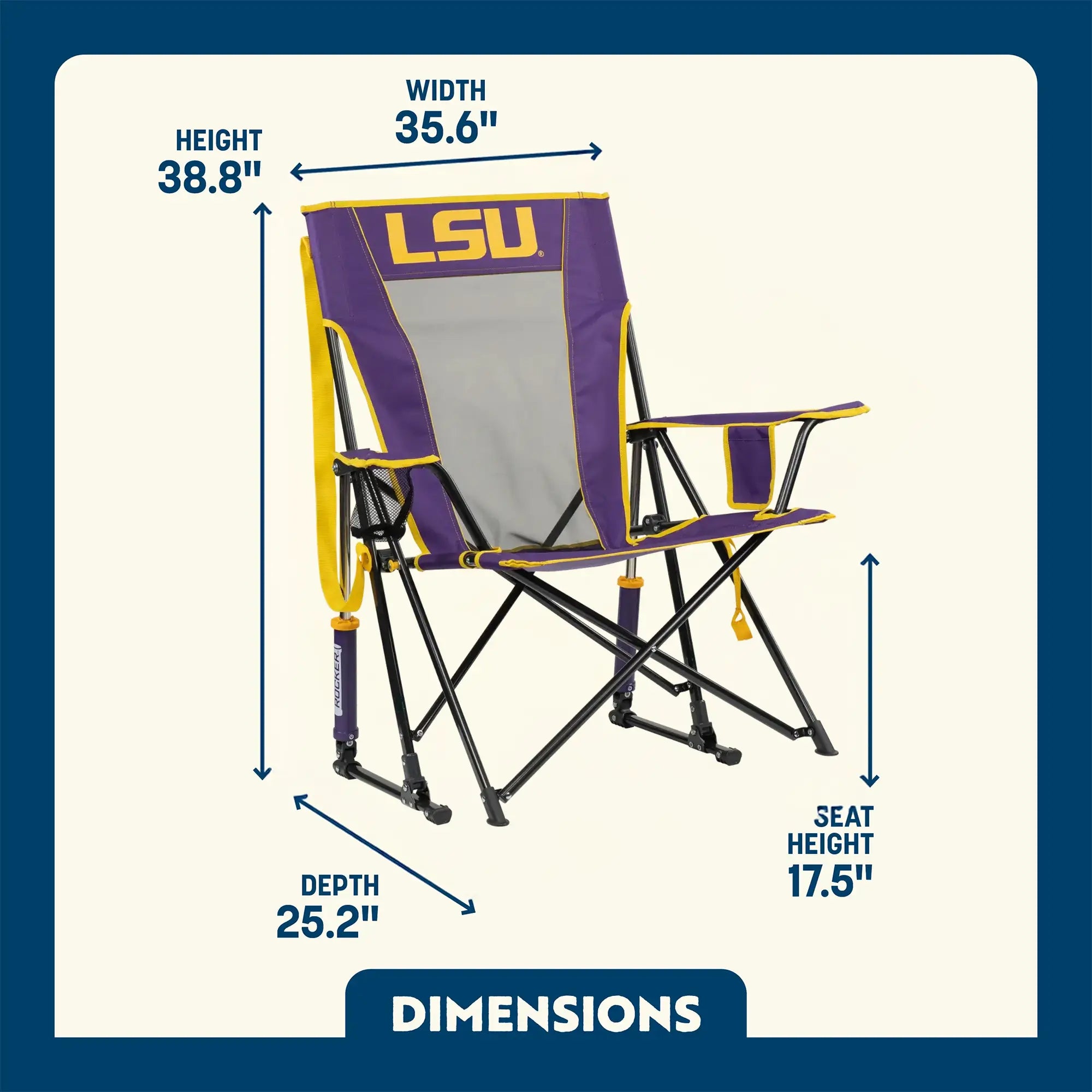 Premium All-Weather College Comfort Pro Rocker - LSU Tigers - Choice 880 - RoadTrip Rocker Smooth Motion Camp Chair Detail