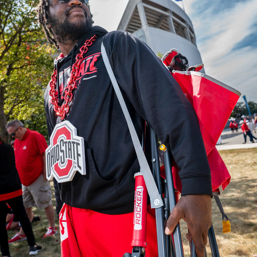 Premium All-Weather College Comfort Pro Rocker - Ohio State Buckeyes - Choice 676 - Heavy-Duty Kickback Rocker with Beverage Holder Detail