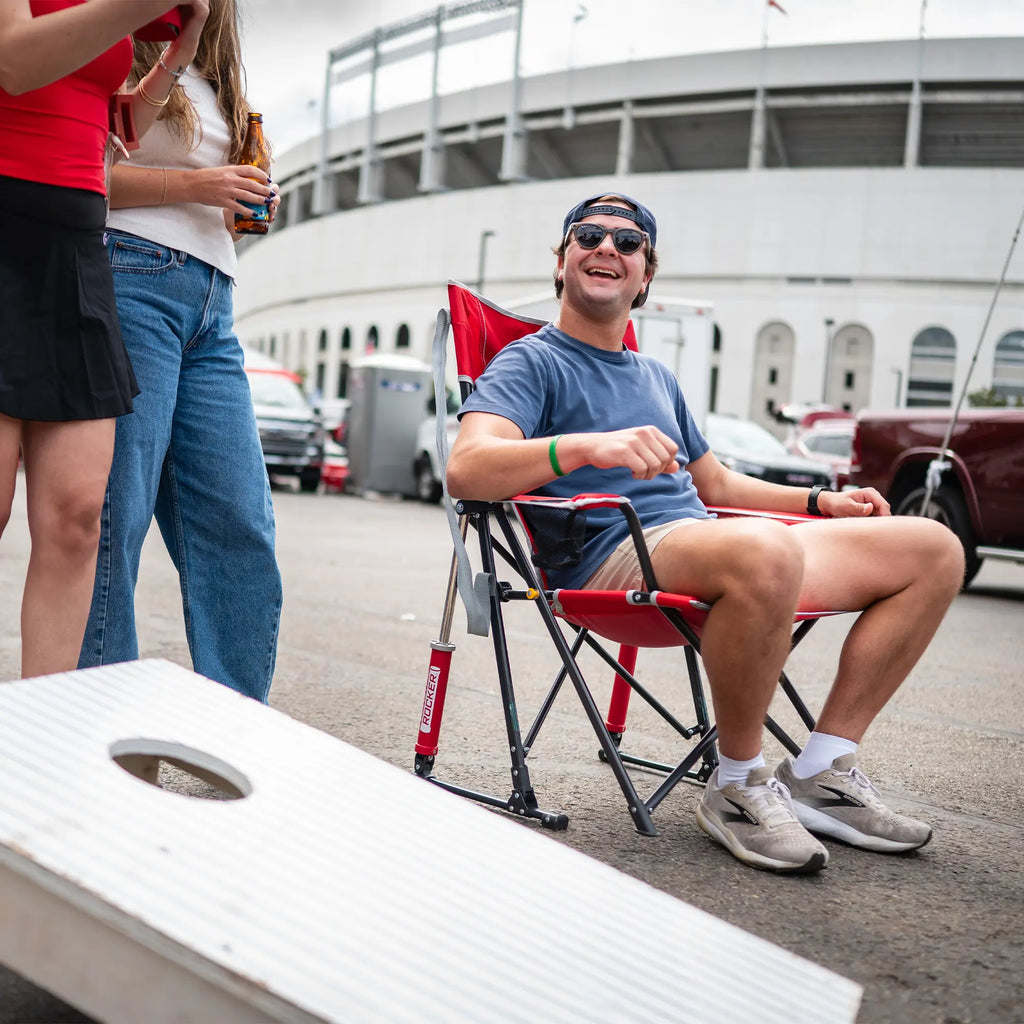 Premium All-Weather College Comfort Pro Rocker - Ohio State Buckeyes - Choice 676 - Heavy-Duty Kickback Rocker with Beverage Holder Detail
