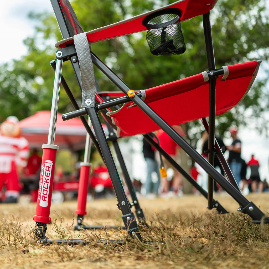 Premium All-Weather College Comfort Pro Rocker - Ohio State Buckeyes - Choice 676 - Heavy-Duty Kickback Rocker with Beverage Holder Detail