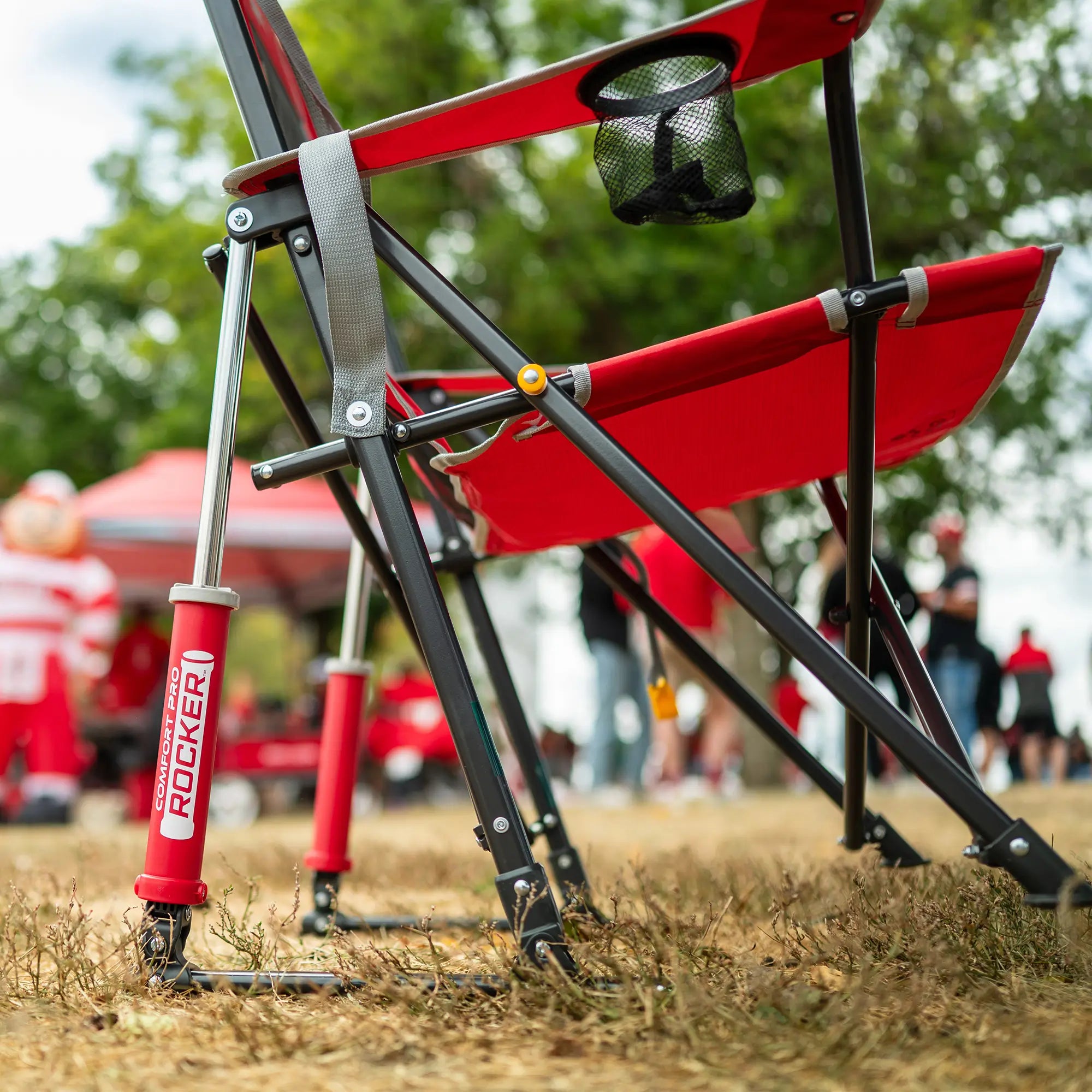 Premium All-Weather College Comfort Pro Rocker - Ohio State Buckeyes - Choice 676 - Heavy-Duty Kickback Rocker with Beverage Holder Detail