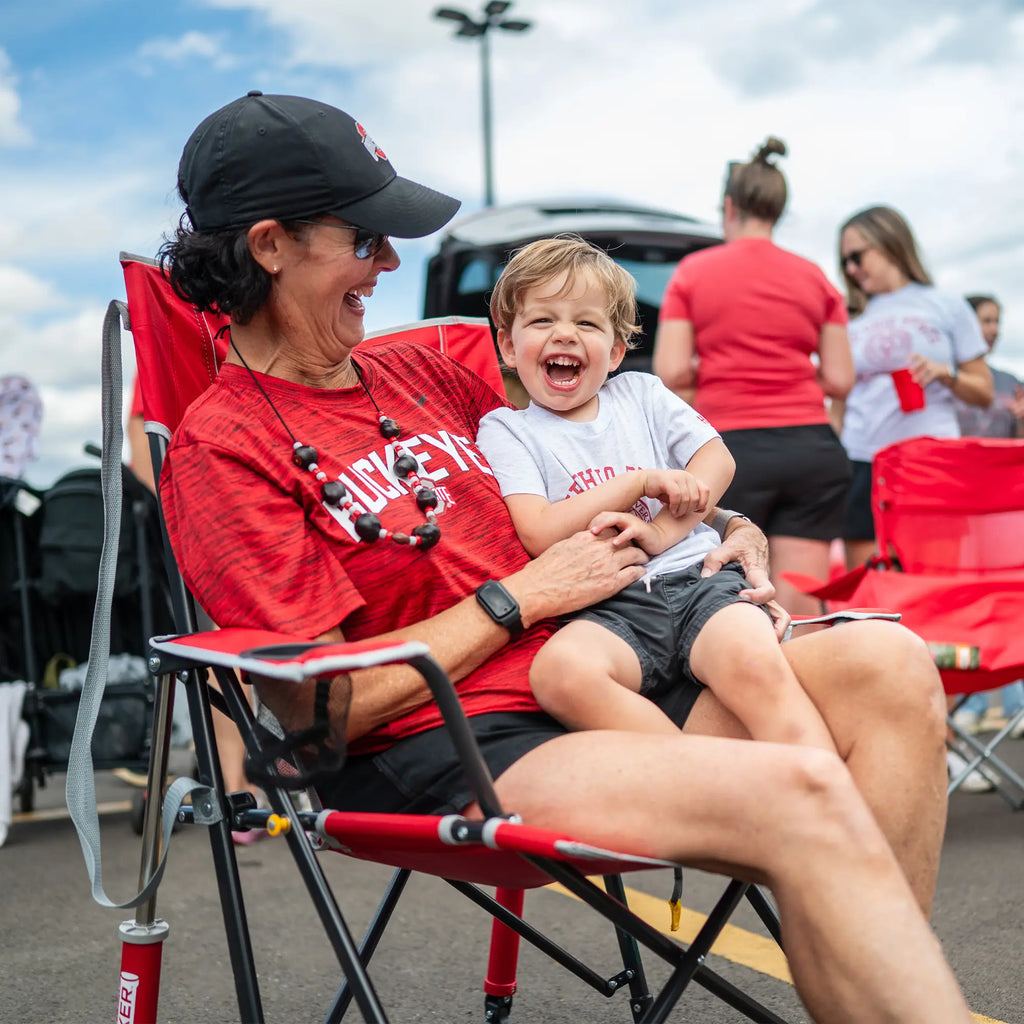 Premium All-Weather College Comfort Pro Rocker - Ohio State Buckeyes - Choice 676 - Heavy-Duty Kickback Rocker with Beverage Holder Detail