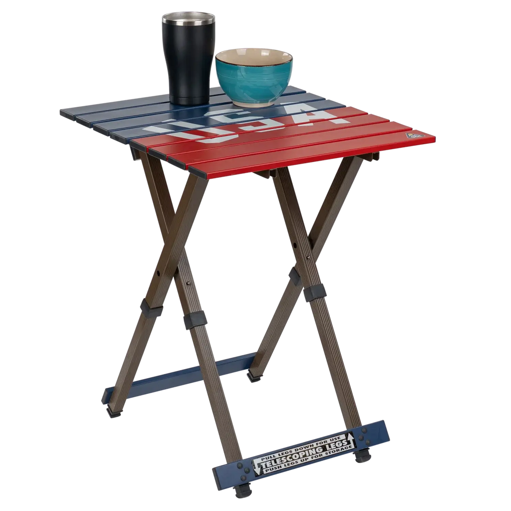 Portable Staging Compact Camp Table 20 - USA Anniversary Deluxe - Choice 757 - Slim-Fold Outdoor Cook Station with Storage Shelves Detail