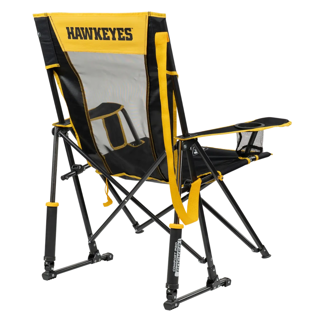 Premium All-Weather College Comfort Pro Rocker - Iowa Hawkeyes - Choice 249 - Heavy-Duty Kickback Rocker with Beverage Holder Detail