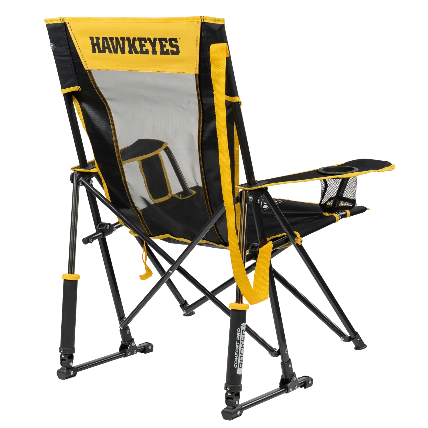 Premium All-Weather College Comfort Pro Rocker - Iowa Hawkeyes - Choice 249 - Heavy-Duty Kickback Rocker with Beverage Holder Detail