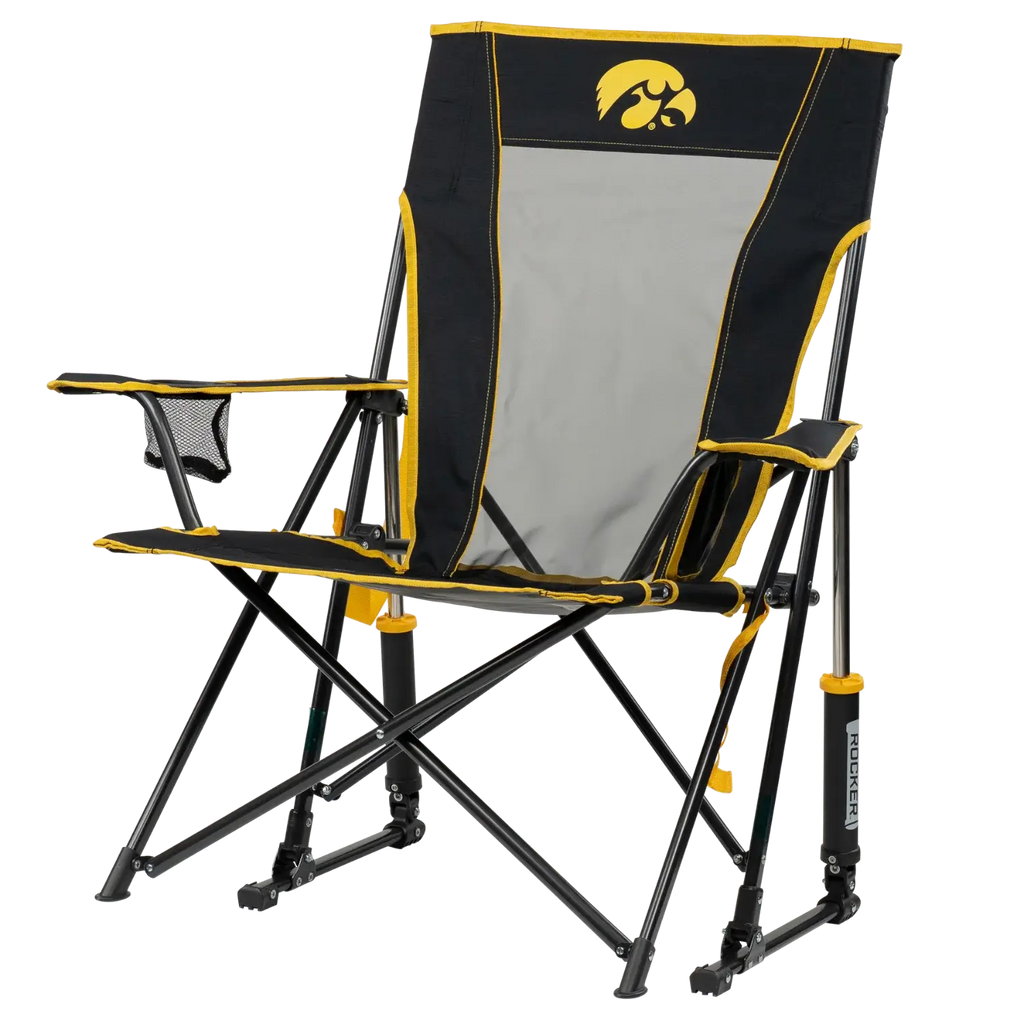 Premium All-Weather College Comfort Pro Rocker - Iowa Hawkeyes - Choice 249 - Heavy-Duty Kickback Rocker with Beverage Holder Detail