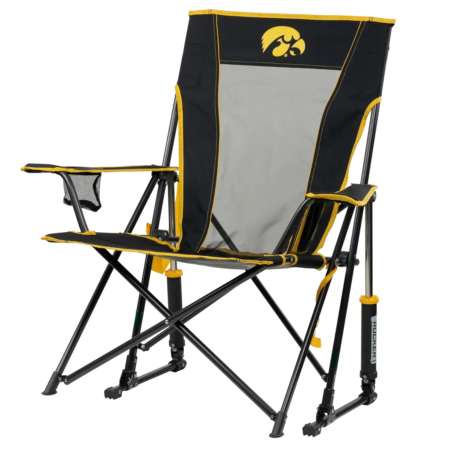 Premium All-Weather College Comfort Pro Rocker - Iowa Hawkeyes - Choice 249 - Heavy-Duty Kickback Rocker with Beverage Holder Detail