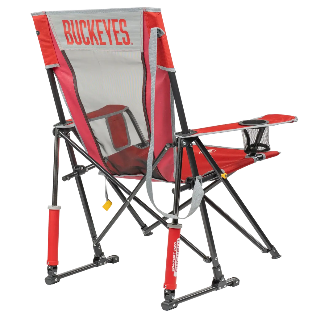 Premium All-Weather College Comfort Pro Rocker - Ohio State Buckeyes - Choice 676 - Heavy-Duty Kickback Rocker with Beverage Holder Detail