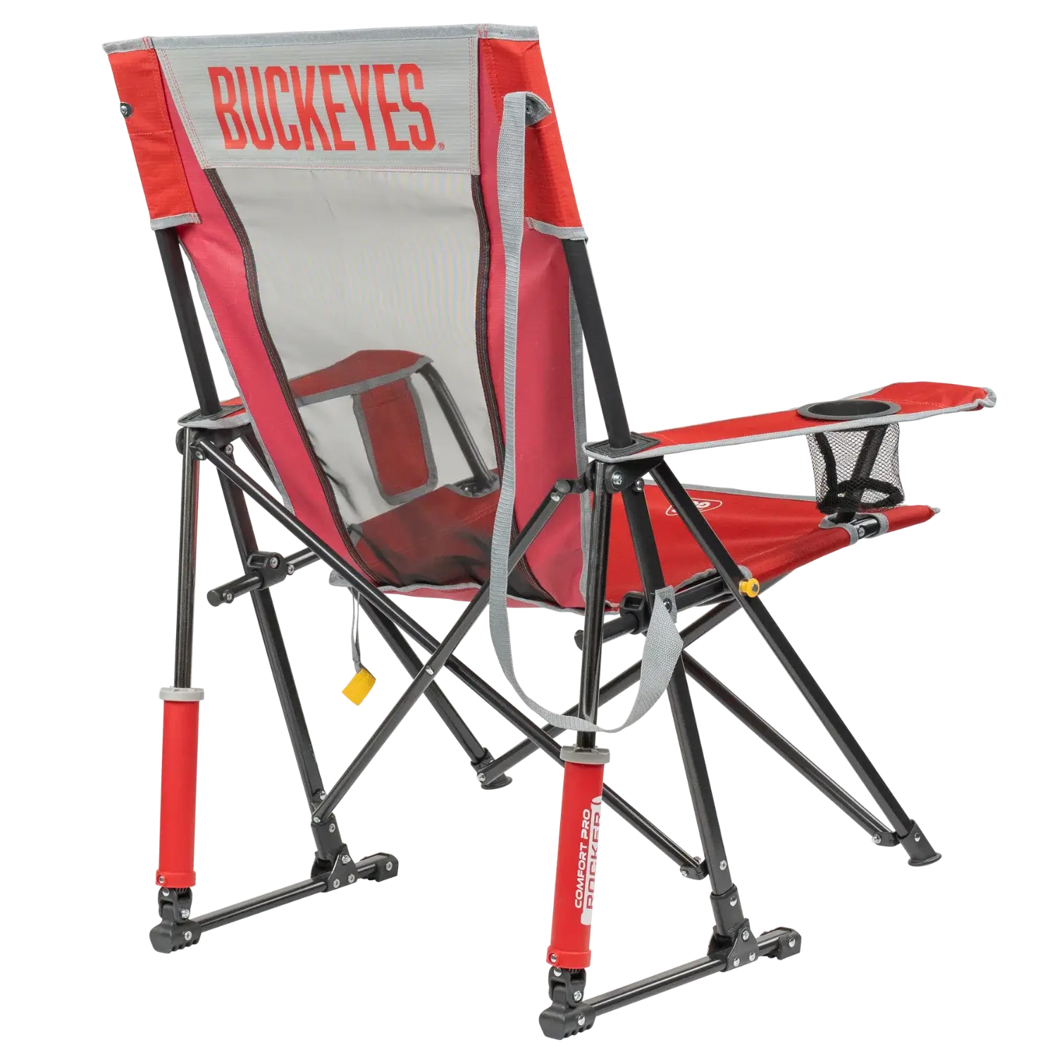 Premium All-Weather College Comfort Pro Rocker - Ohio State Buckeyes - Choice 676 - Heavy-Duty Kickback Rocker with Beverage Holder Detail