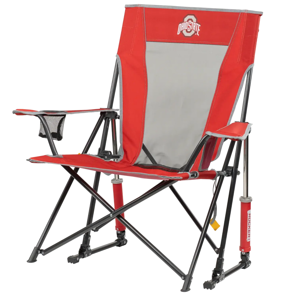 Premium All-Weather College Comfort Pro Rocker - Ohio State Buckeyes - Choice 676 - Heavy-Duty Kickback Rocker with Beverage Holder Detail
