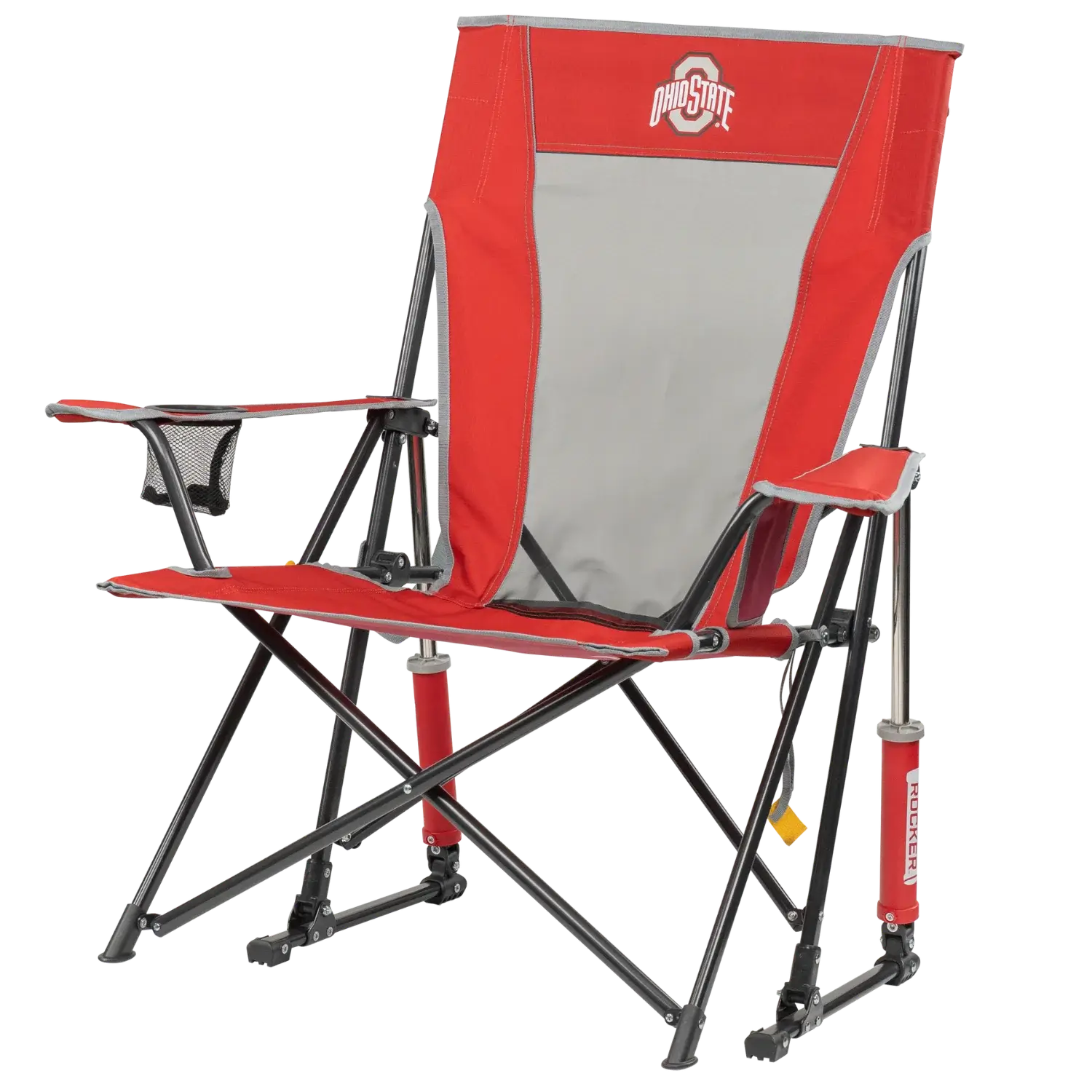 Premium All-Weather College Comfort Pro Rocker - Ohio State Buckeyes - Choice 676 - Heavy-Duty Kickback Rocker with Beverage Holder Detail