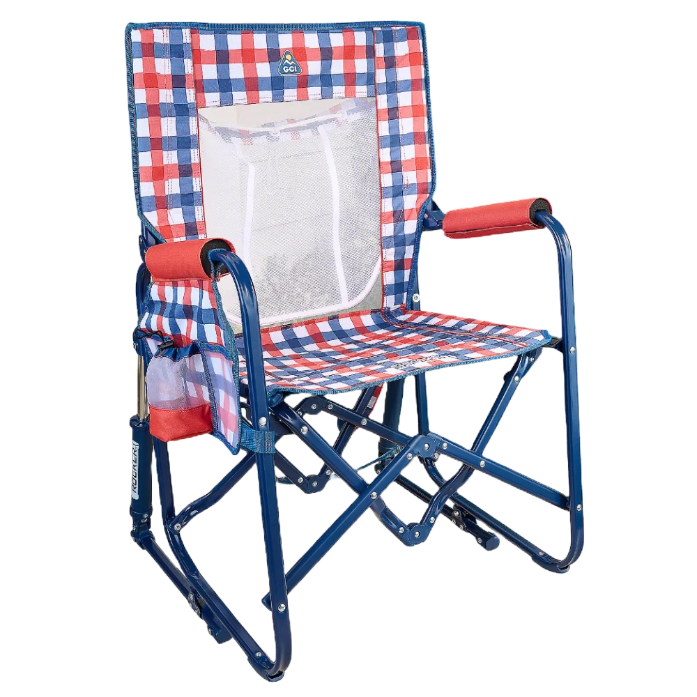 Smooth Motion Stowaway Rocker with Storage Pouch - Choice 573 - Patented Spring-Action Rocking Chair for Camping - Patriotic Plaid