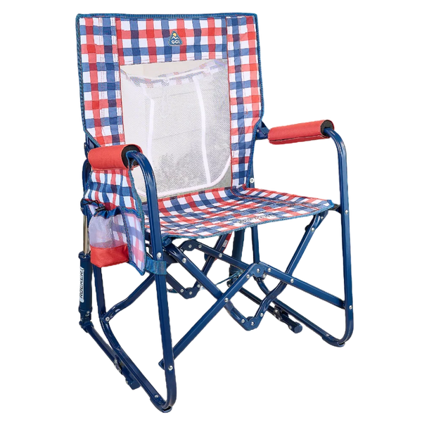 Smooth Motion Stowaway Rocker with Storage Pouch - Choice 573 - Patented Spring-Action Rocking Chair for Camping - Patriotic Plaid