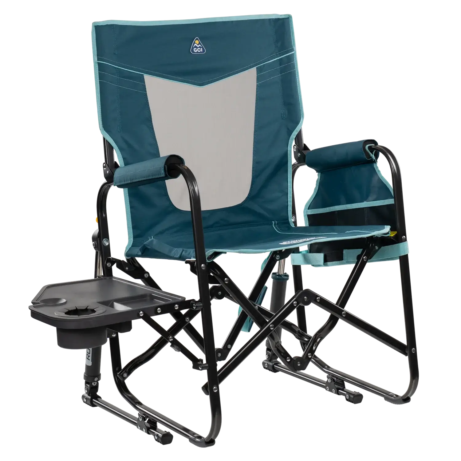 Heavy-Duty Freestyle Stowaway Rocker with Side Table - Choice 253 - Freestyle Rocker Portable Outdoor Folding Chair - Teal